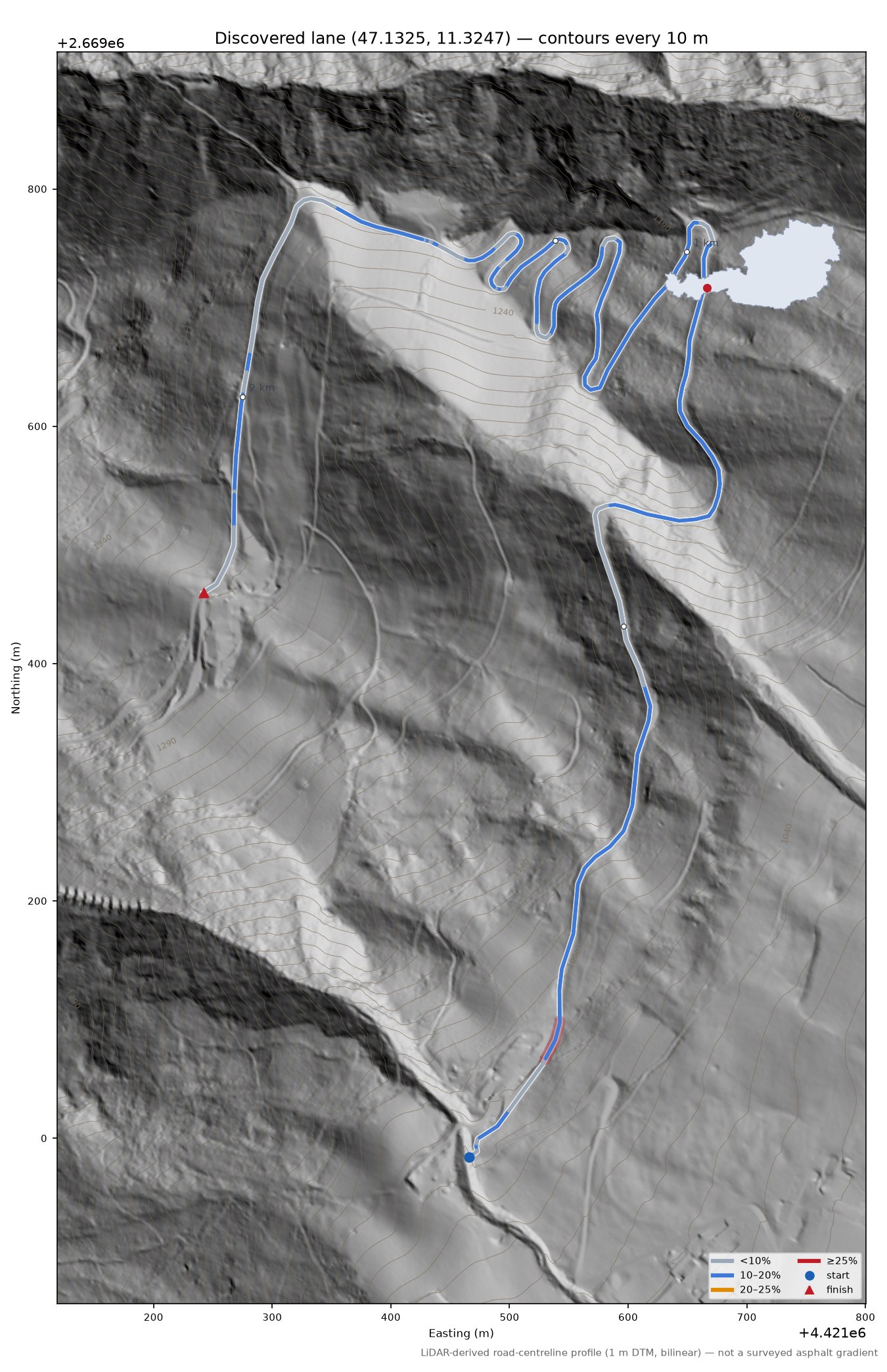 Discovered lane (47.1325, 11.3247) LiDAR hillshade map with contours