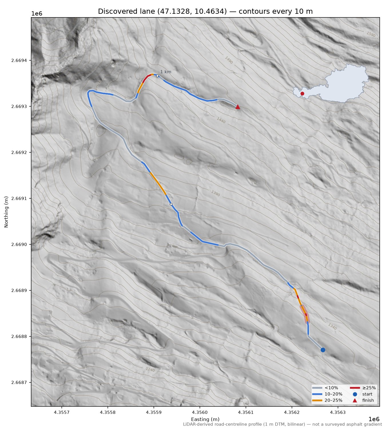Discovered lane (47.1328, 10.4634) LiDAR hillshade map with contours