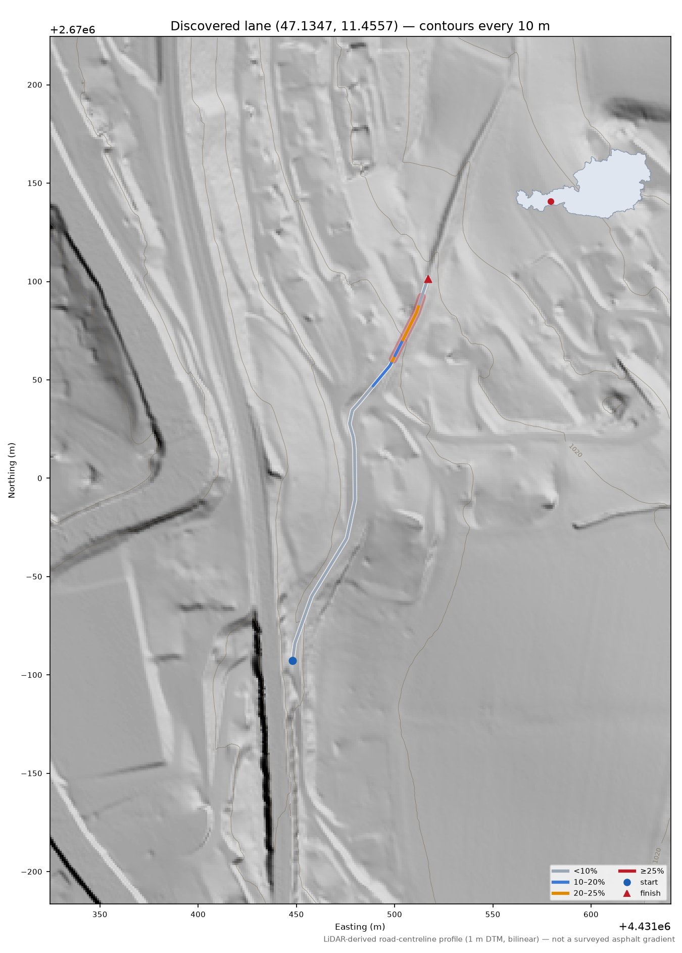 Discovered lane (47.1347, 11.4557) LiDAR hillshade map with contours