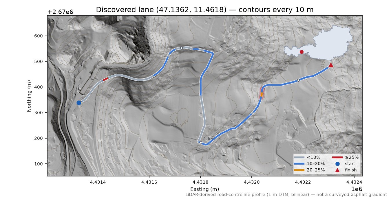 Discovered lane (47.1362, 11.4618) LiDAR hillshade map with contours