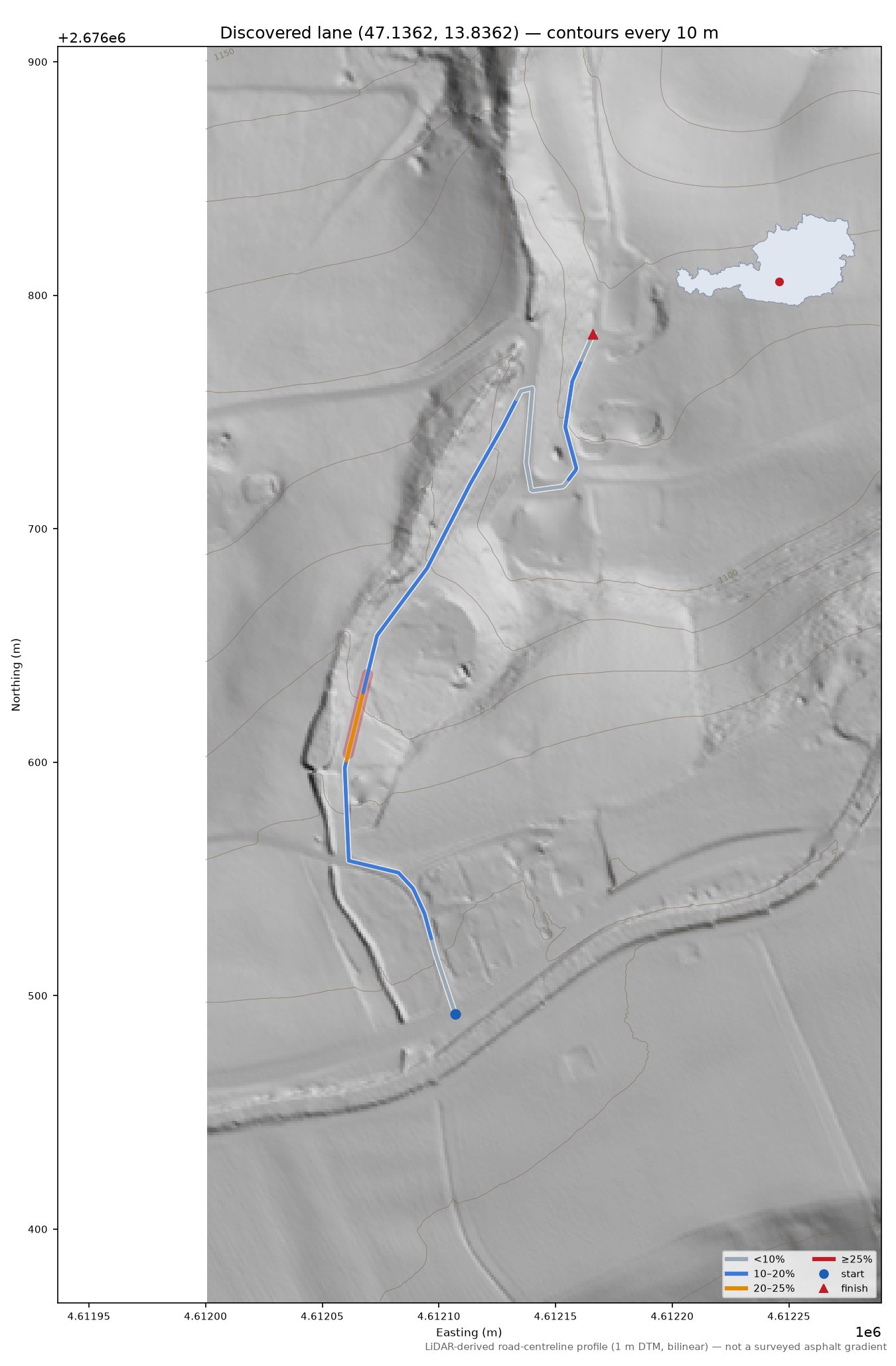 Discovered lane (47.1362, 13.8362) LiDAR hillshade map with contours