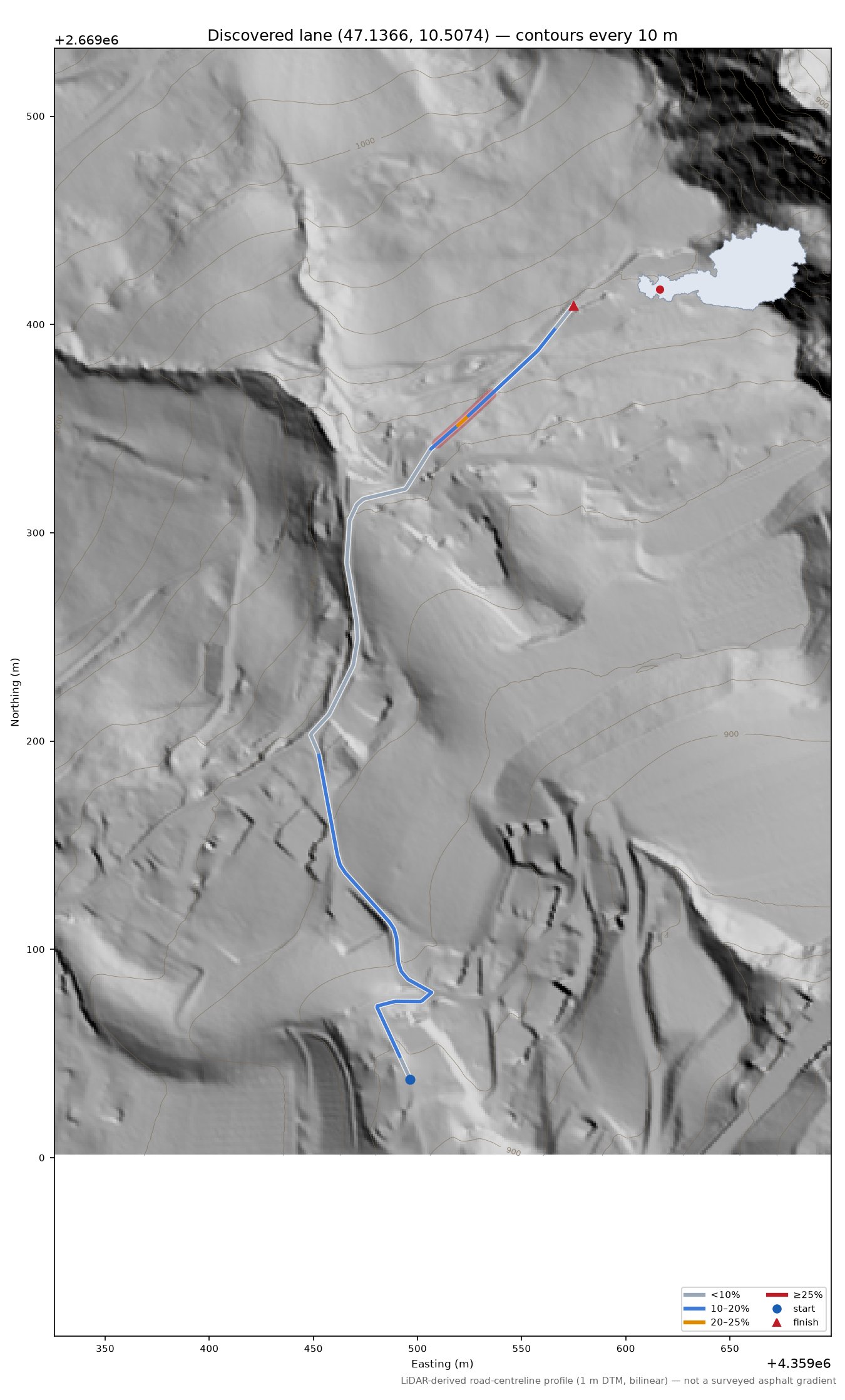 Discovered lane (47.1366, 10.5074) LiDAR hillshade map with contours