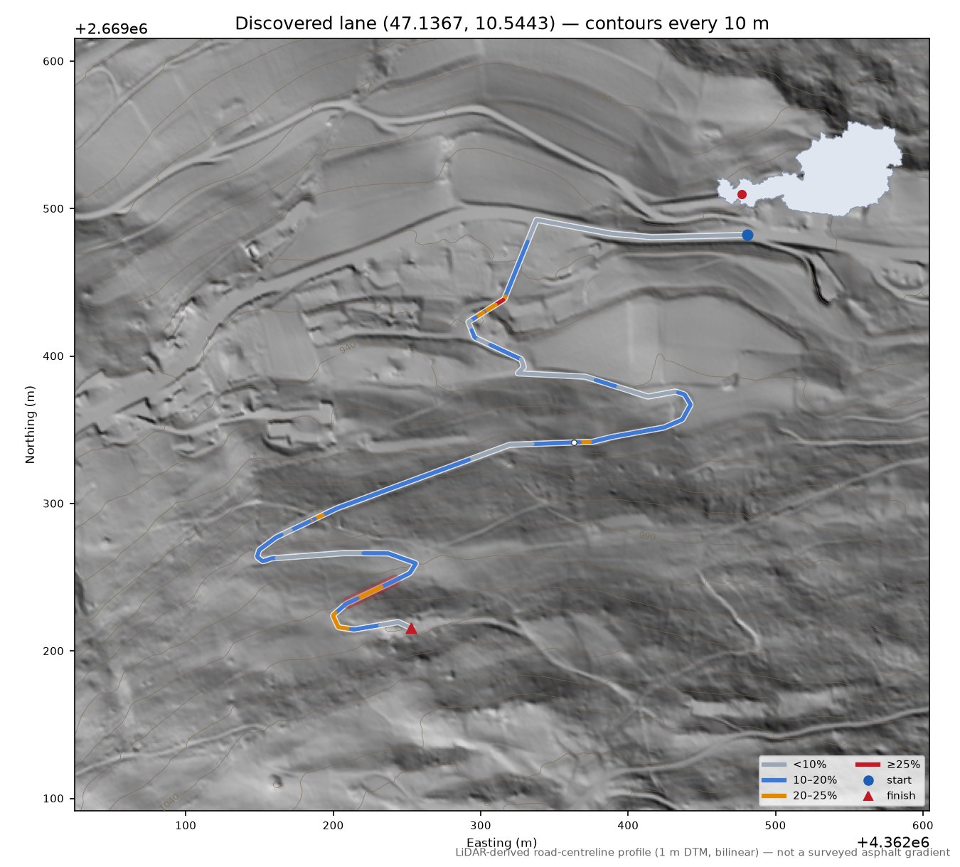 Discovered lane (47.1367, 10.5443) LiDAR hillshade map with contours