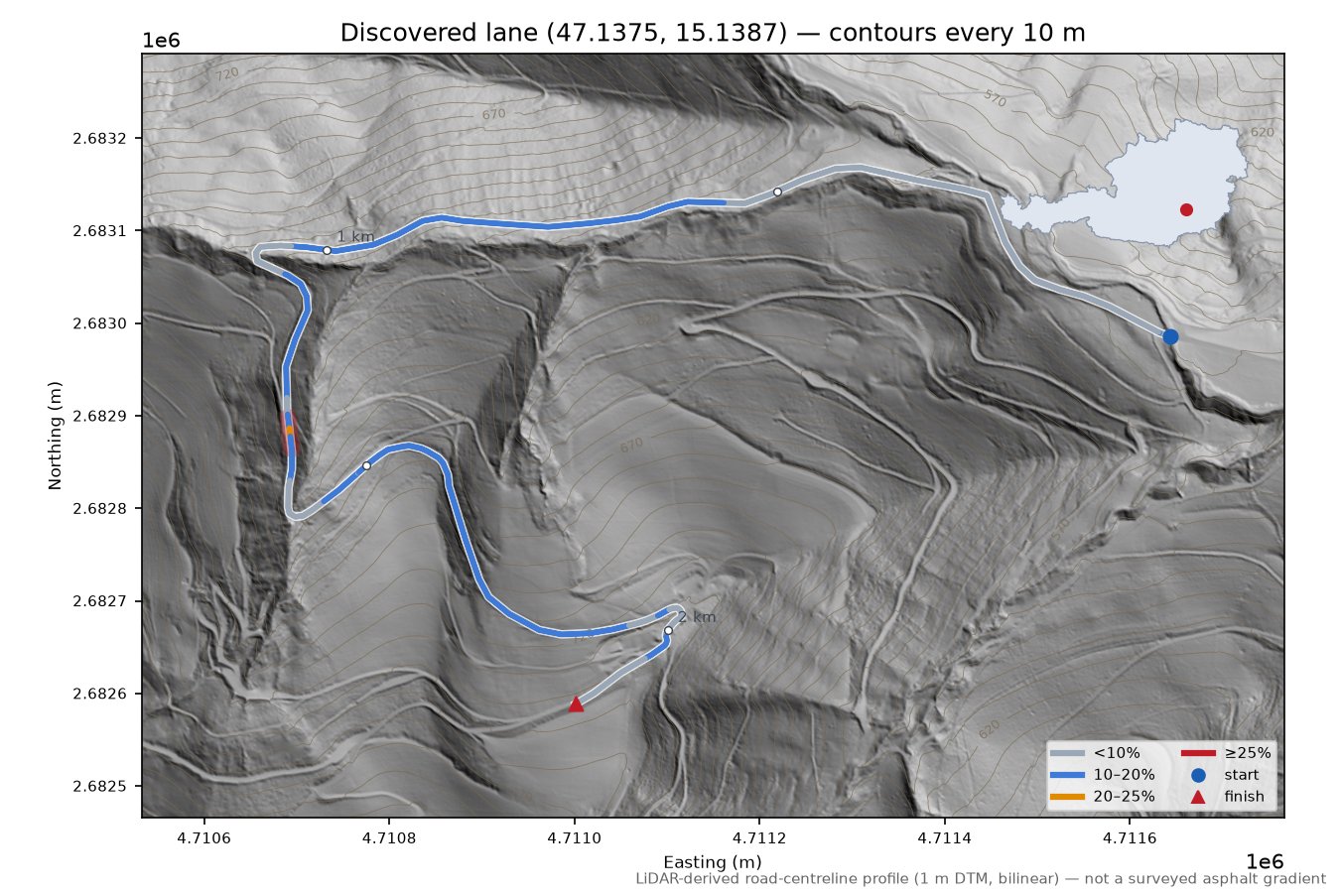 Discovered lane (47.1375, 15.1387) LiDAR hillshade map with contours