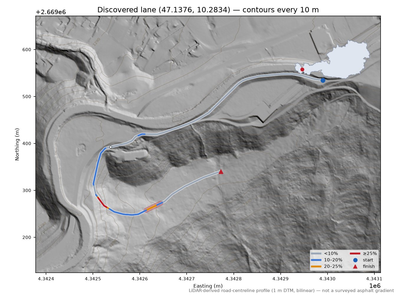 Discovered lane (47.1376, 10.2834) LiDAR hillshade map with contours