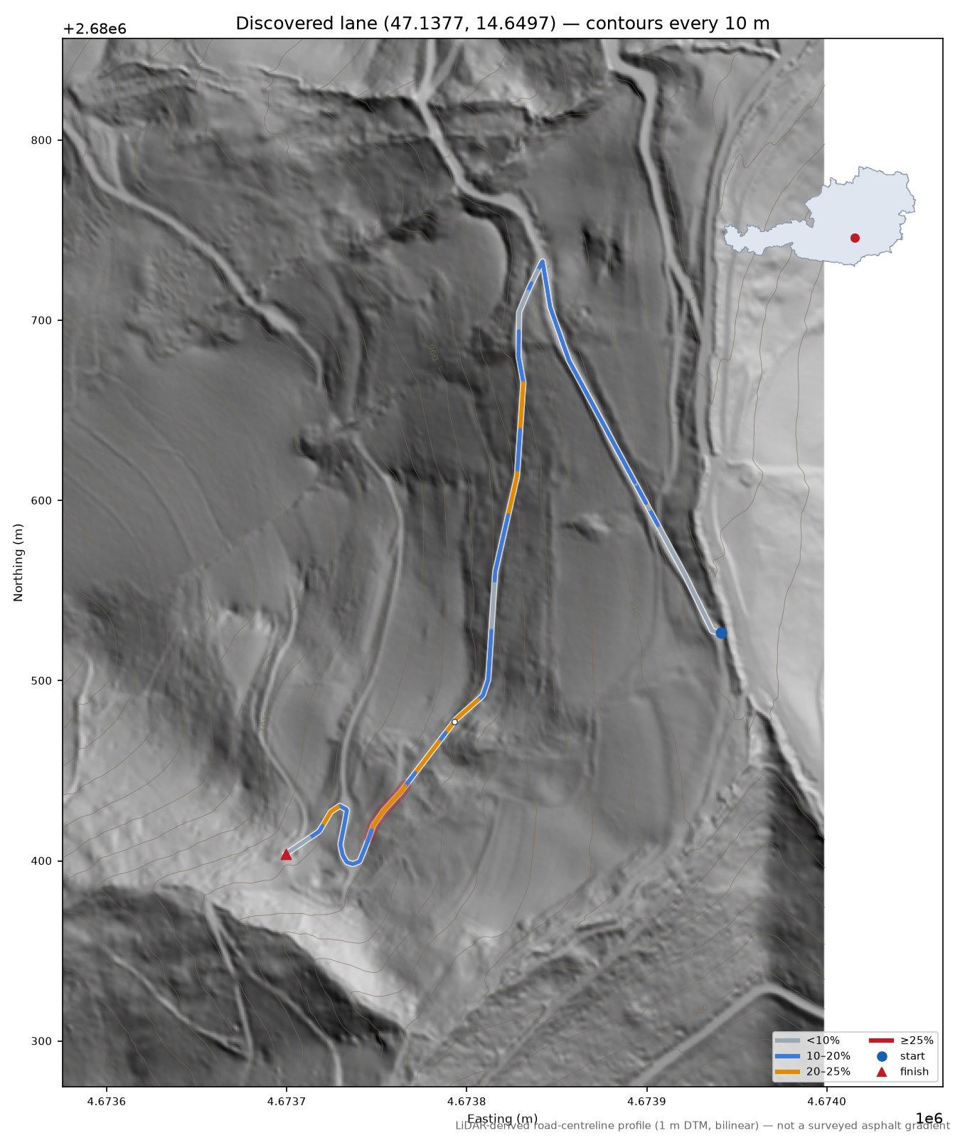 Discovered lane (47.1377, 14.6497) LiDAR hillshade map with contours
