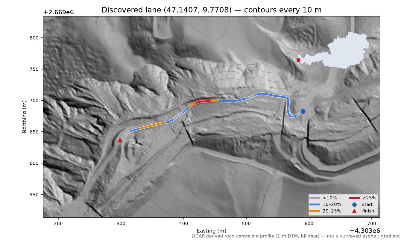 Discovered lane (47.1407, 9.7708) LiDAR hillshade map with contours