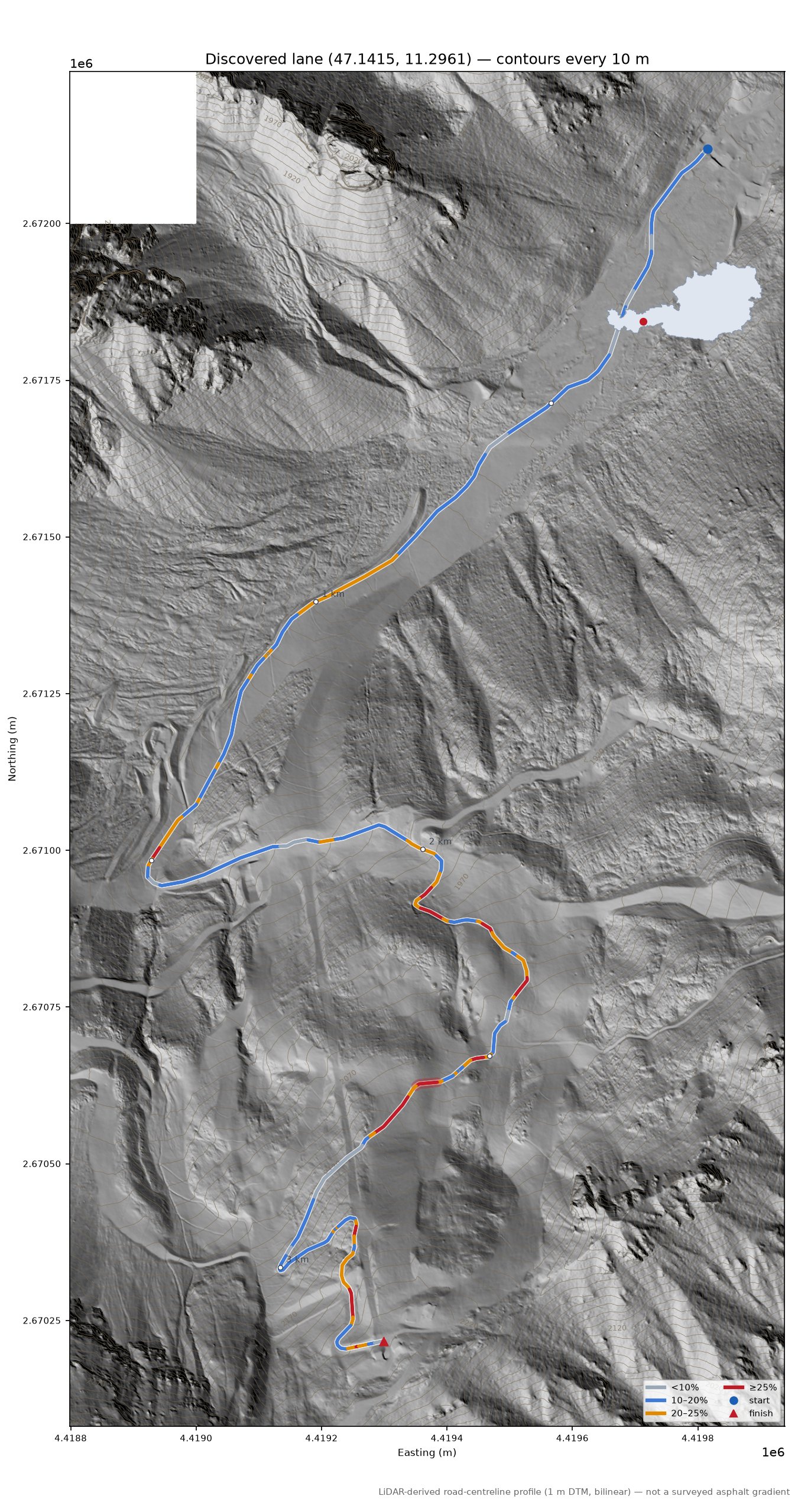 Discovered lane (47.1415, 11.2961) LiDAR hillshade map with contours
