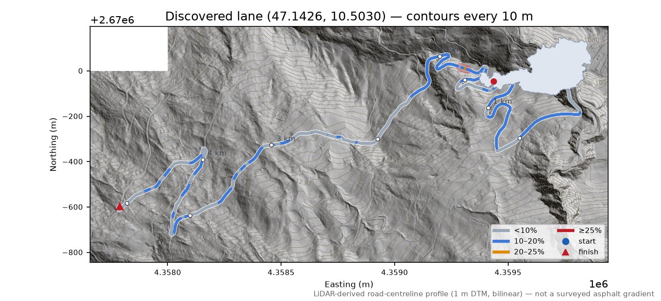 Discovered lane (47.1426, 10.5030) LiDAR hillshade map with contours