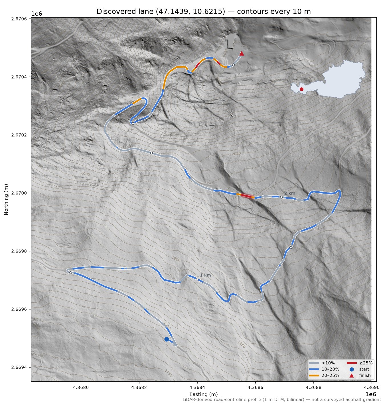 Discovered lane (47.1439, 10.6215) LiDAR hillshade map with contours