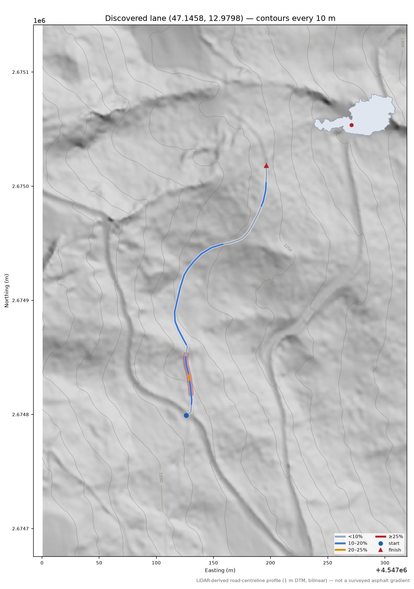 Discovered lane (47.1458, 12.9798) LiDAR hillshade map with contours