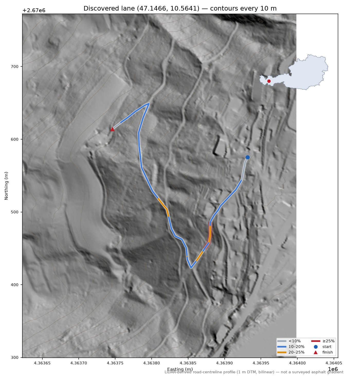 Discovered lane (47.1466, 10.5641) LiDAR hillshade map with contours