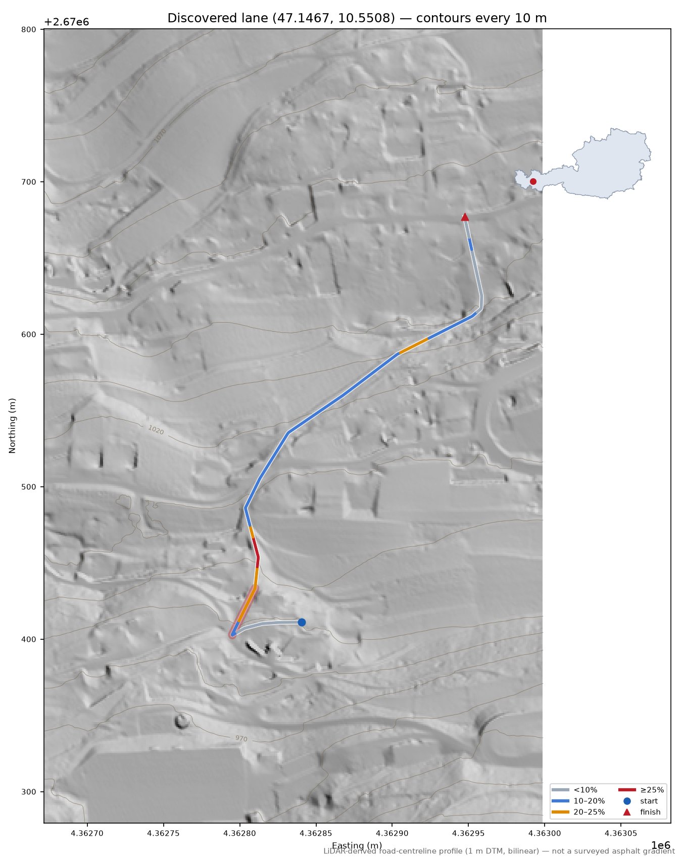 Discovered lane (47.1467, 10.5508) LiDAR hillshade map with contours