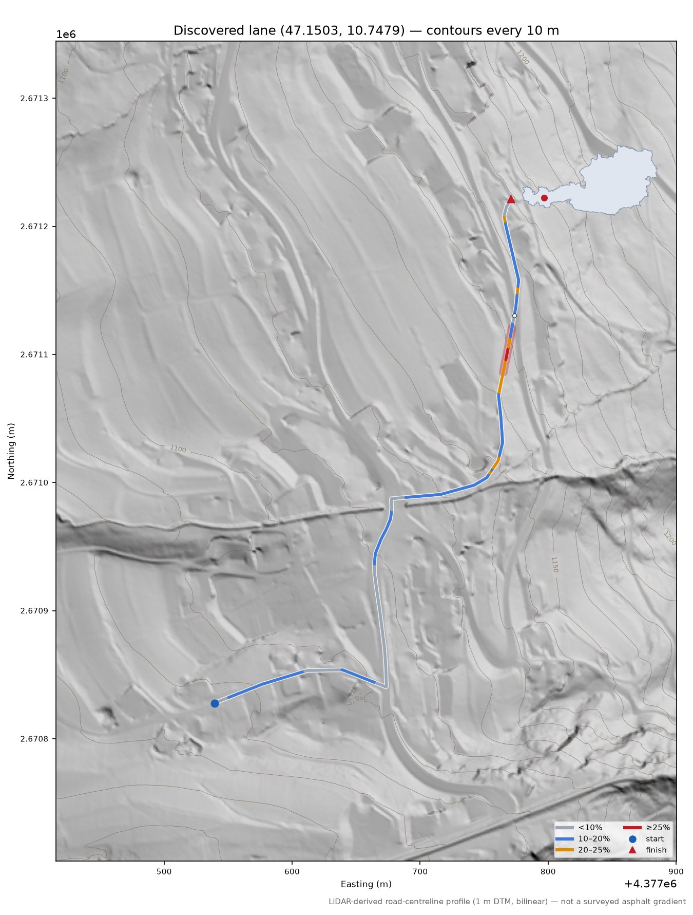 Discovered lane (47.1503, 10.7479) LiDAR hillshade map with contours