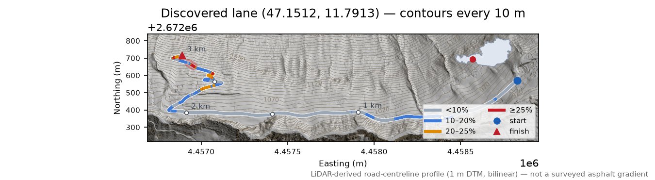 Discovered lane (47.1512, 11.7913) LiDAR hillshade map with contours