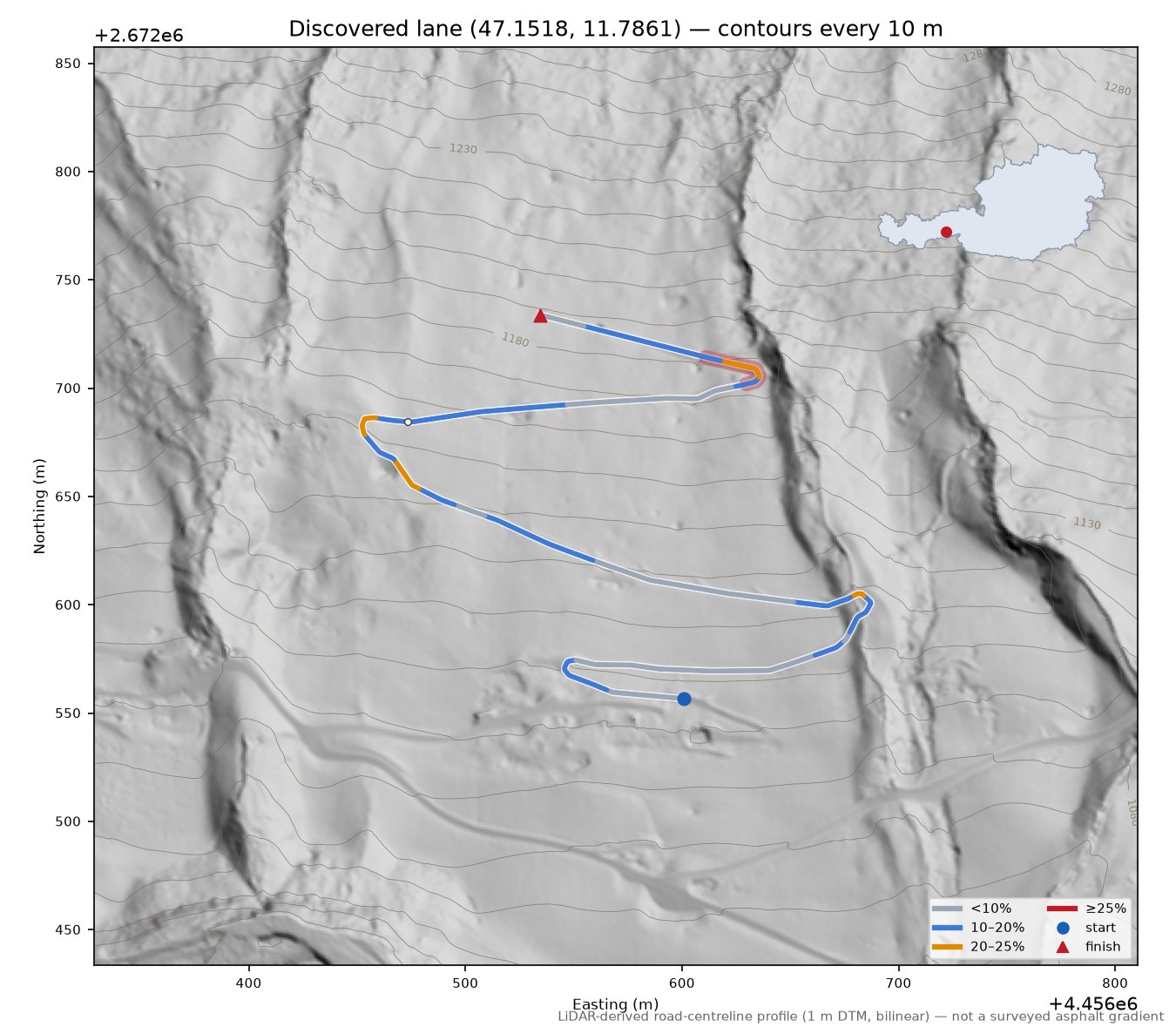 Discovered lane (47.1518, 11.7861) LiDAR hillshade map with contours