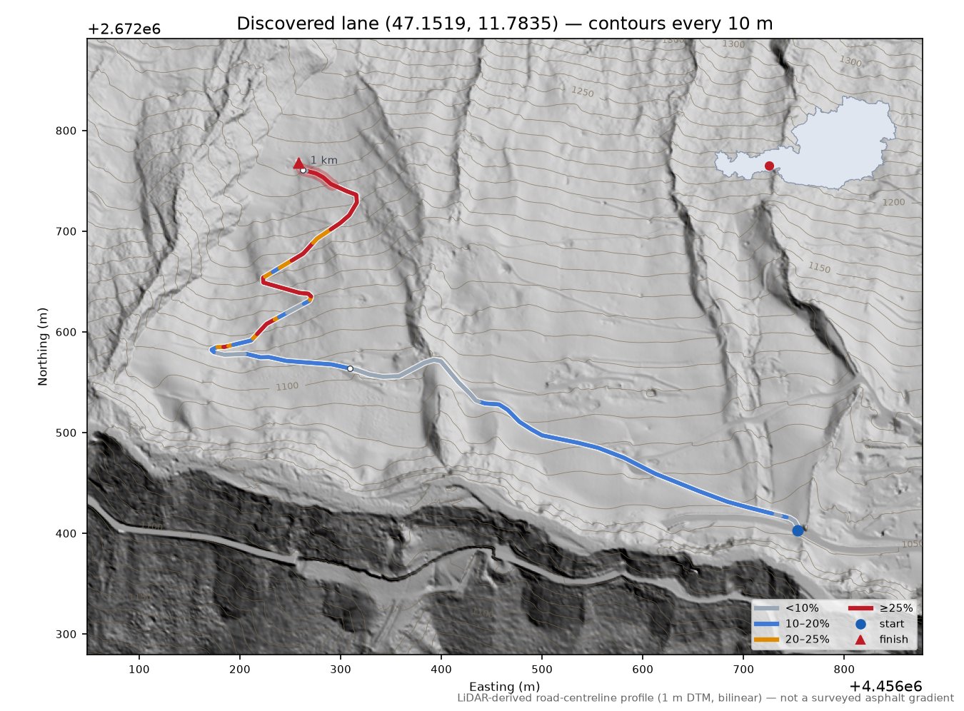 Discovered lane (47.1519, 11.7835) LiDAR hillshade map with contours