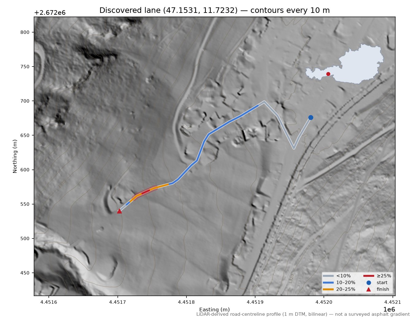 Discovered lane (47.1531, 11.7232) LiDAR hillshade map with contours