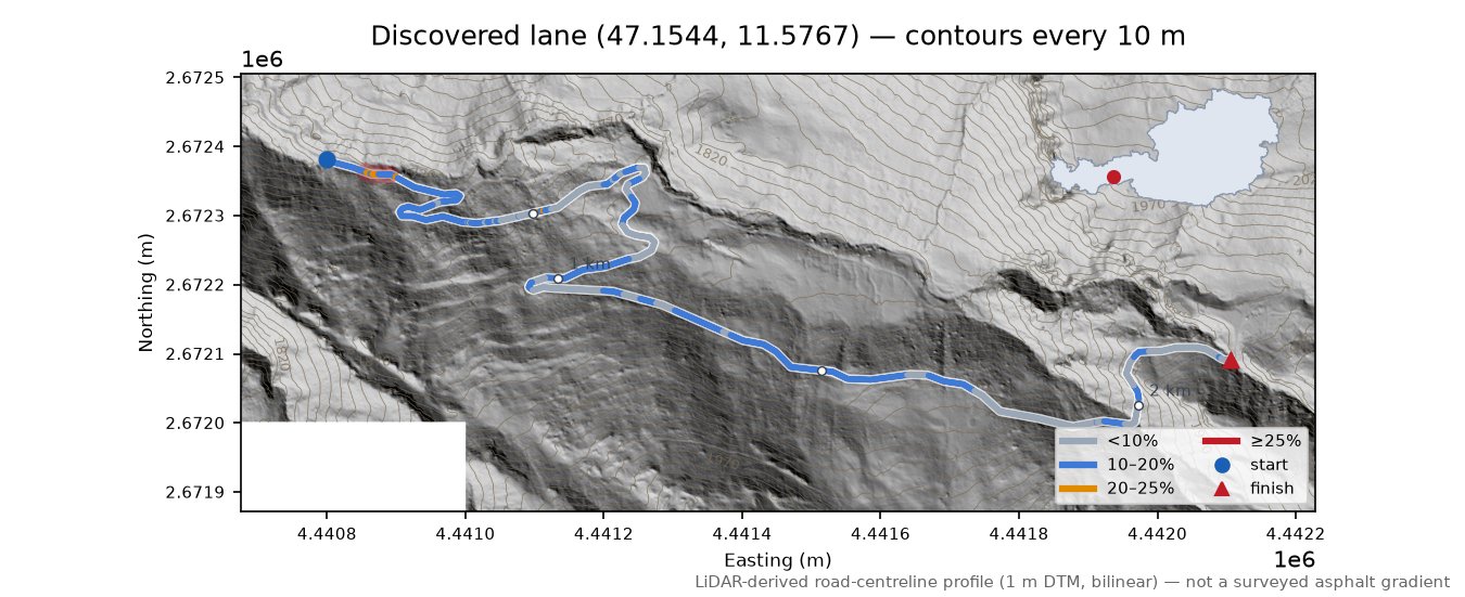 Discovered lane (47.1544, 11.5767) LiDAR hillshade map with contours