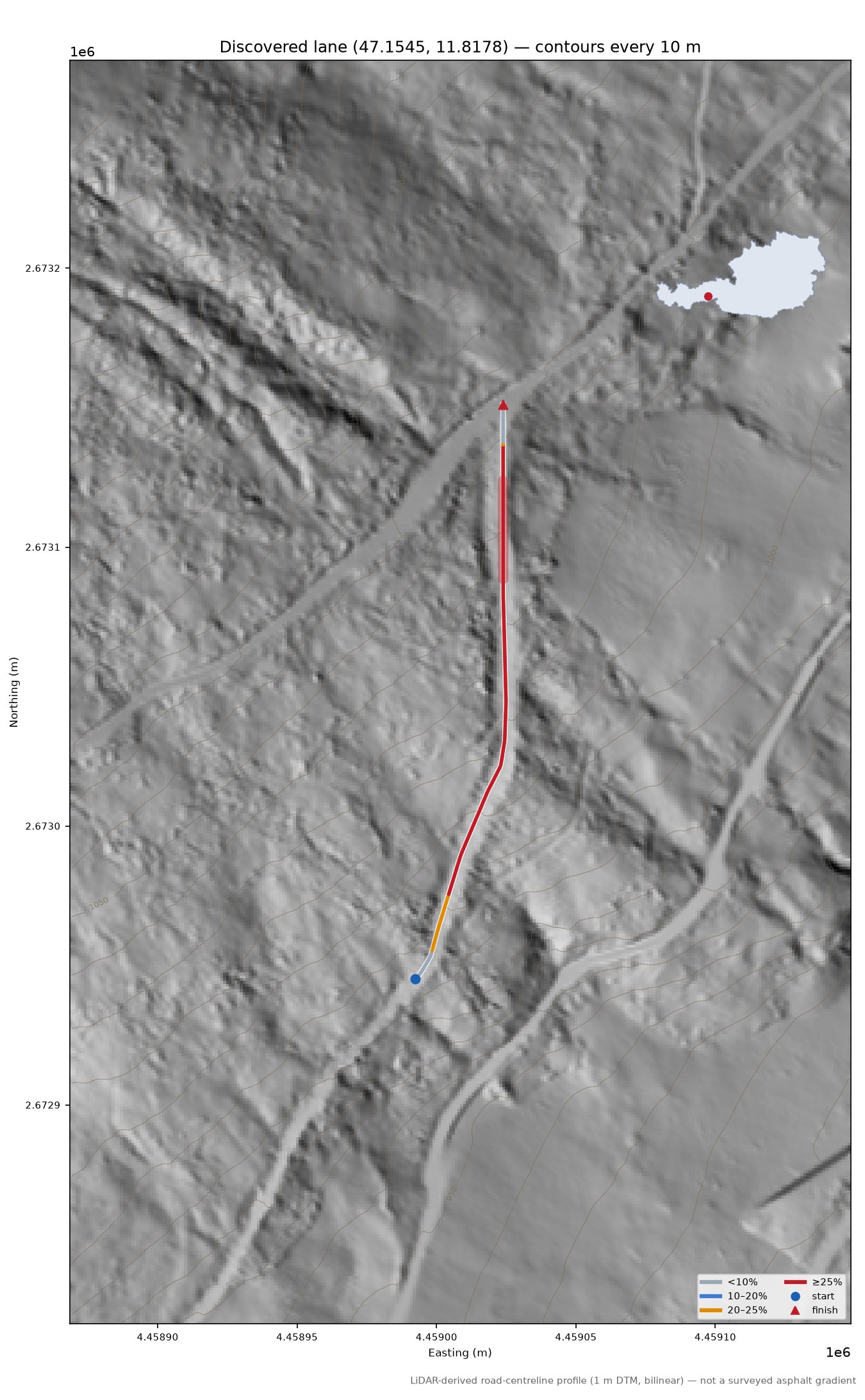 Discovered lane (47.1545, 11.8178) LiDAR hillshade map with contours