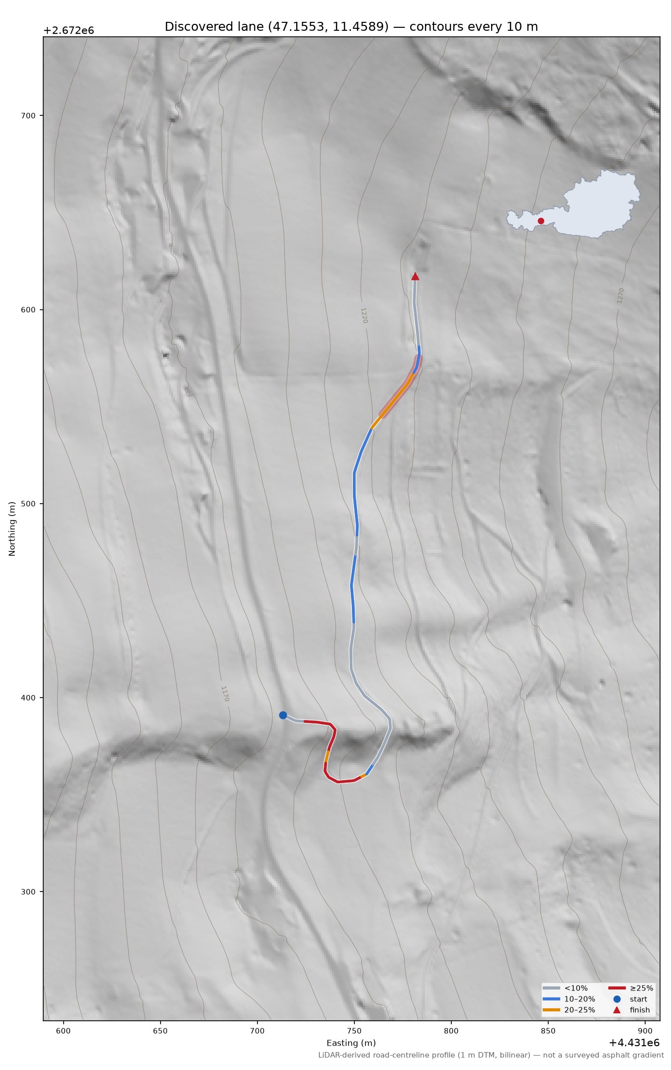 Discovered lane (47.1553, 11.4589) LiDAR hillshade map with contours