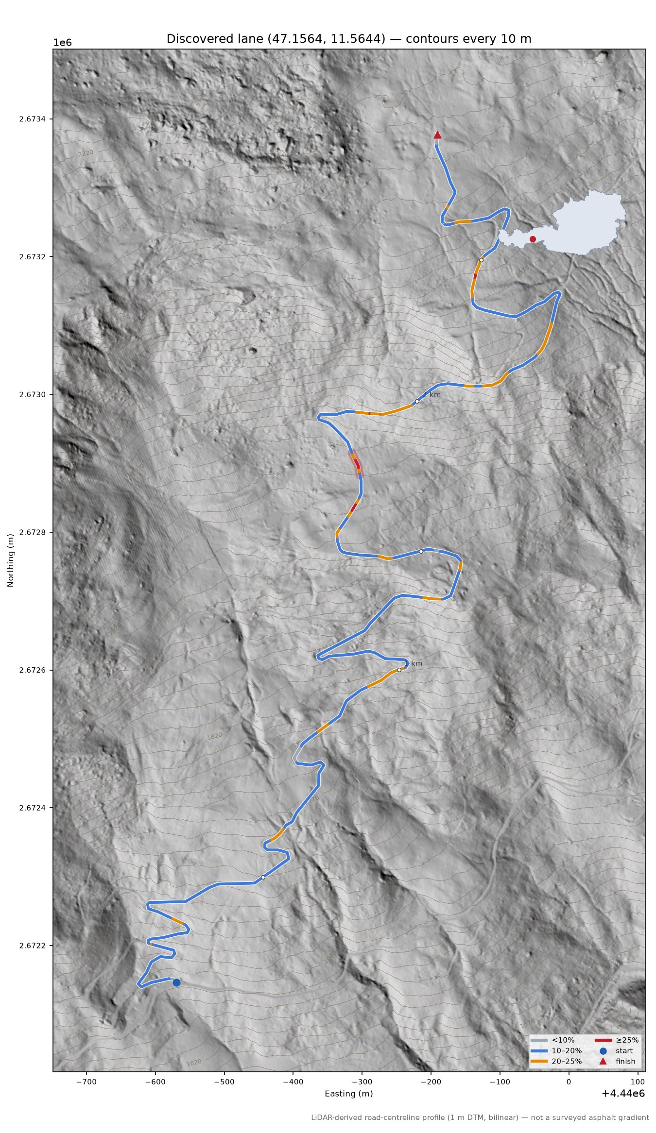 Discovered lane (47.1564, 11.5644) LiDAR hillshade map with contours