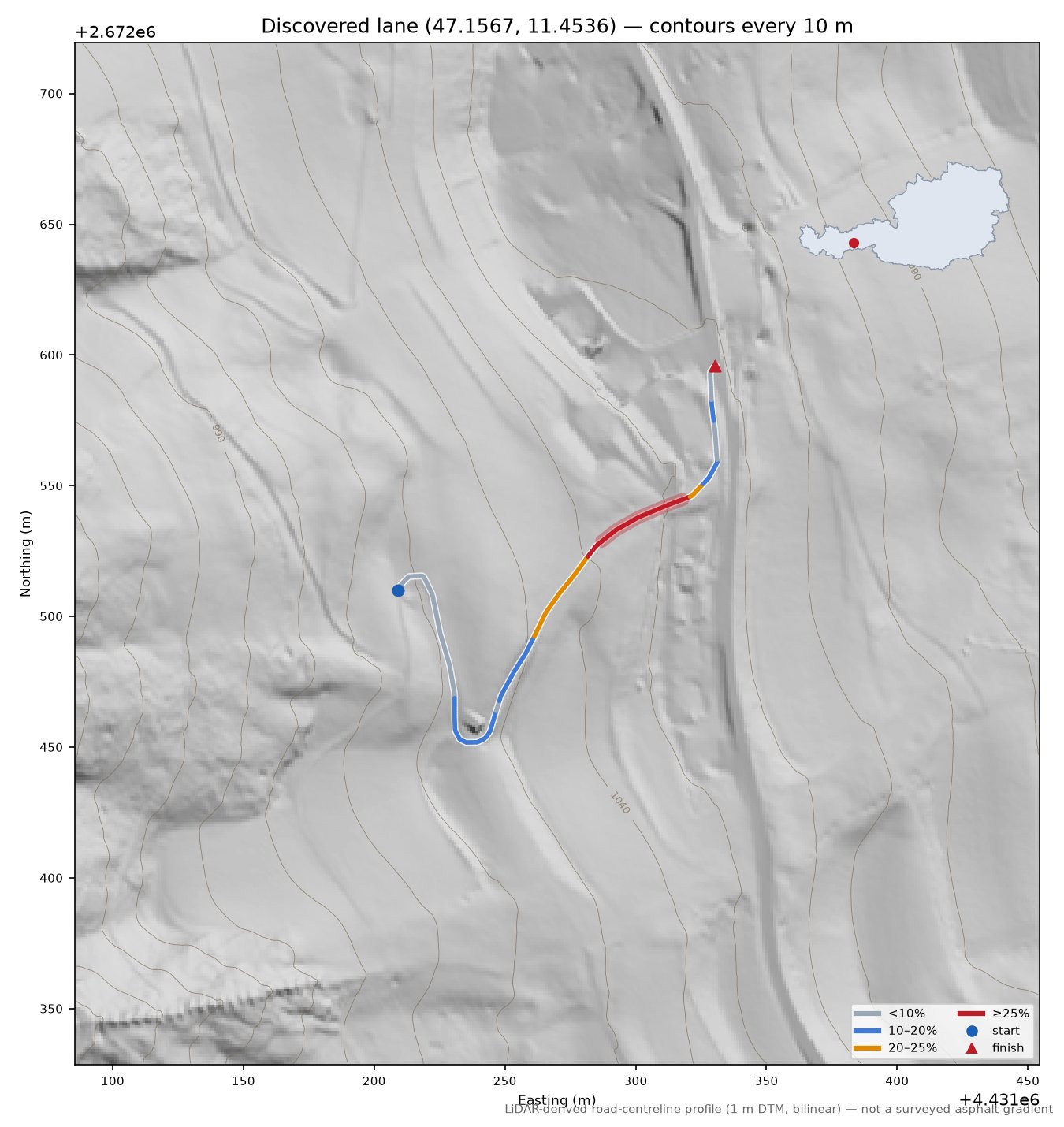 Discovered lane (47.1567, 11.4536) LiDAR hillshade map with contours