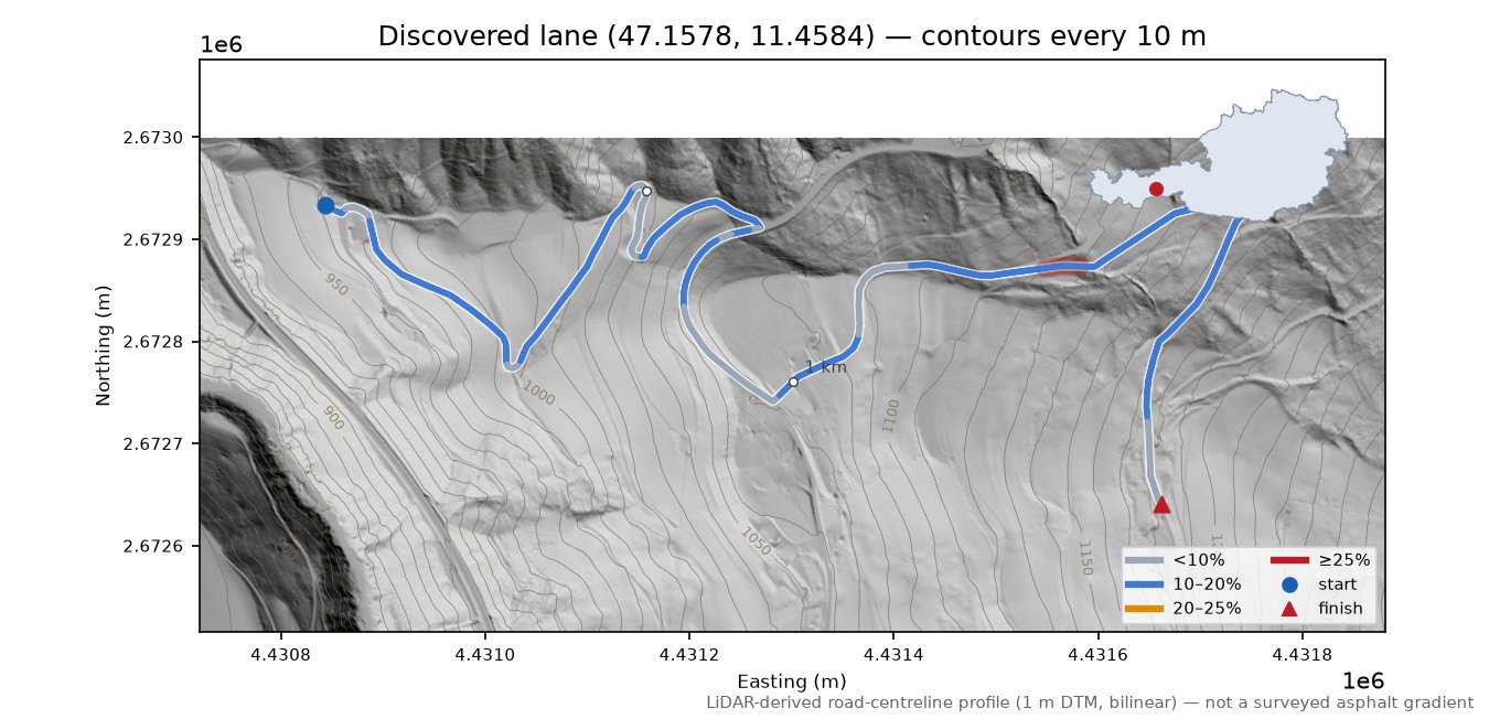 Discovered lane (47.1578, 11.4584) LiDAR hillshade map with contours