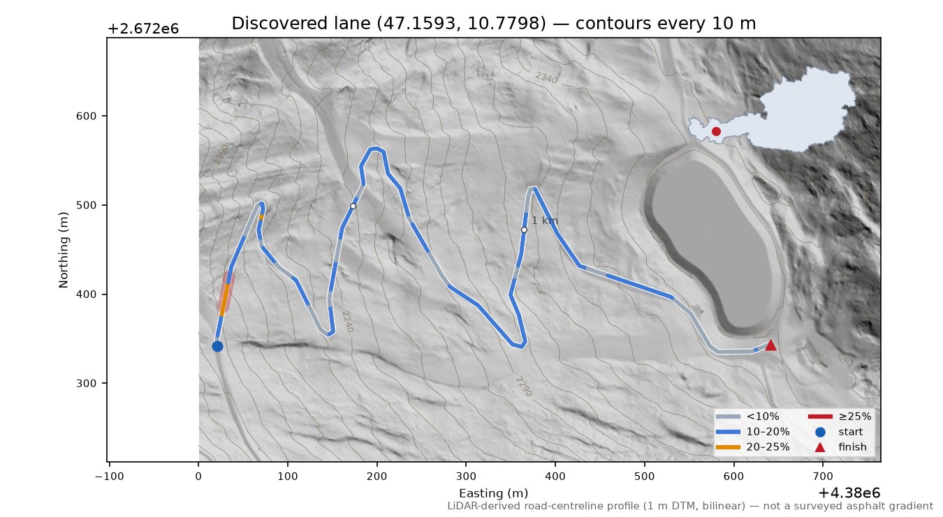 Discovered lane (47.1593, 10.7798) LiDAR hillshade map with contours