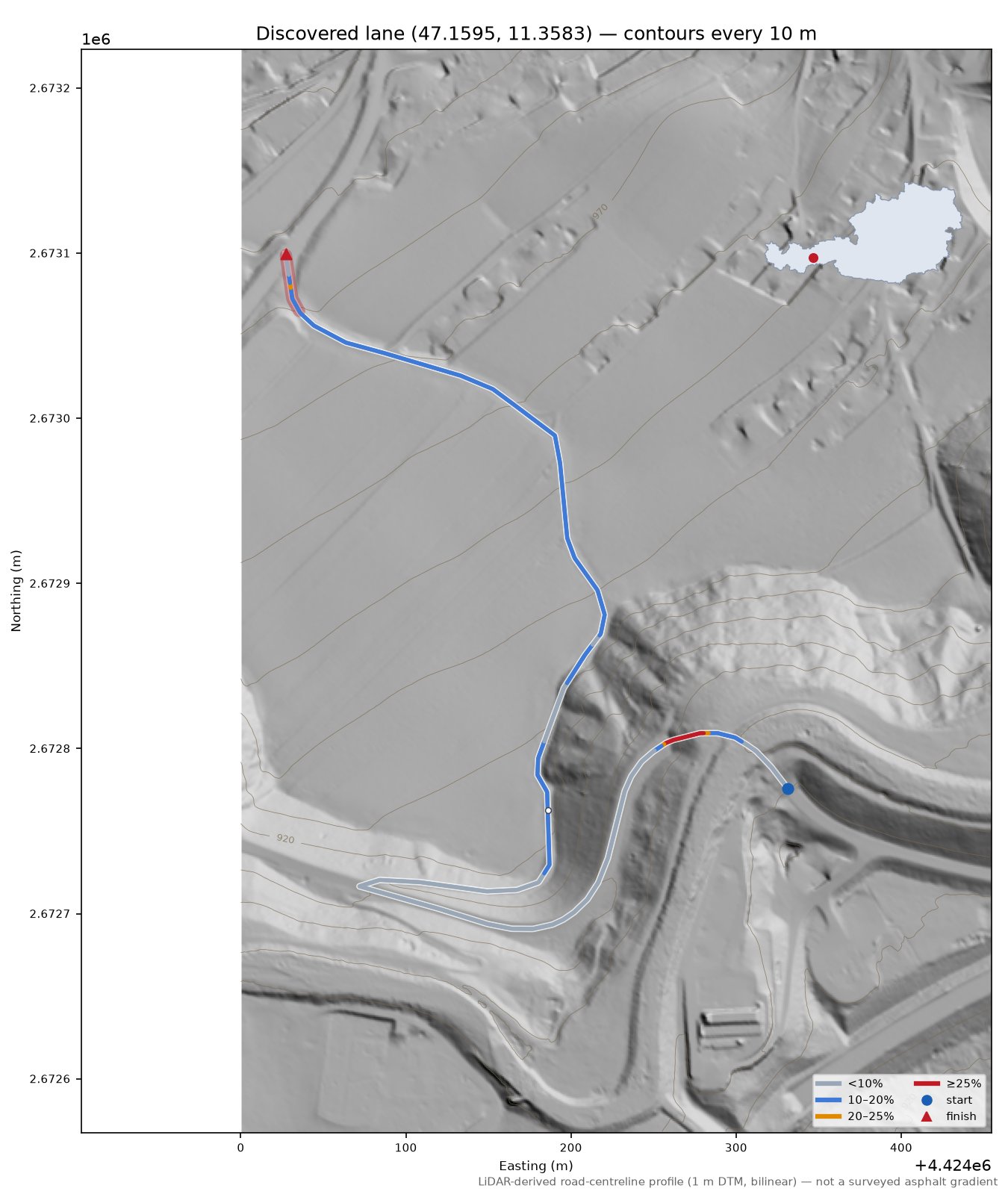 Discovered lane (47.1595, 11.3583) LiDAR hillshade map with contours