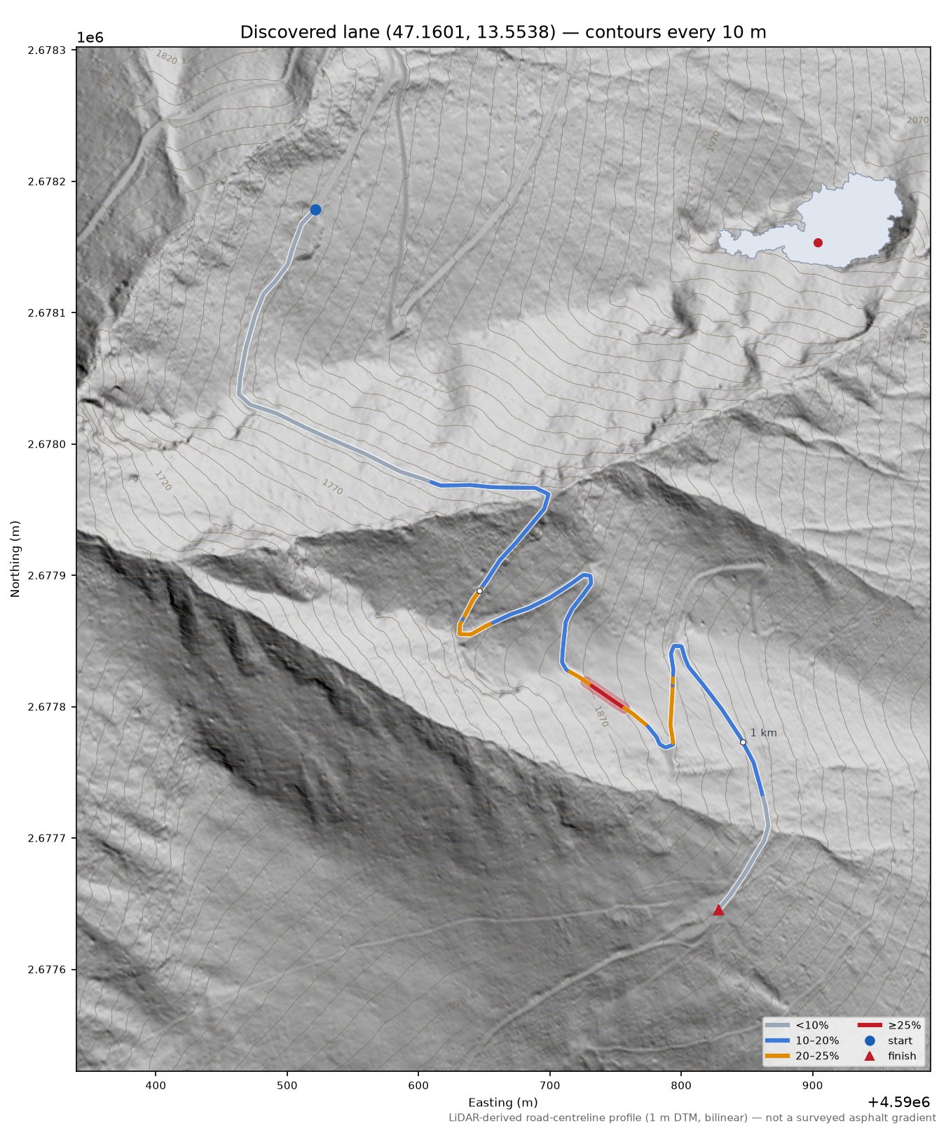 Discovered lane (47.1601, 13.5538) LiDAR hillshade map with contours