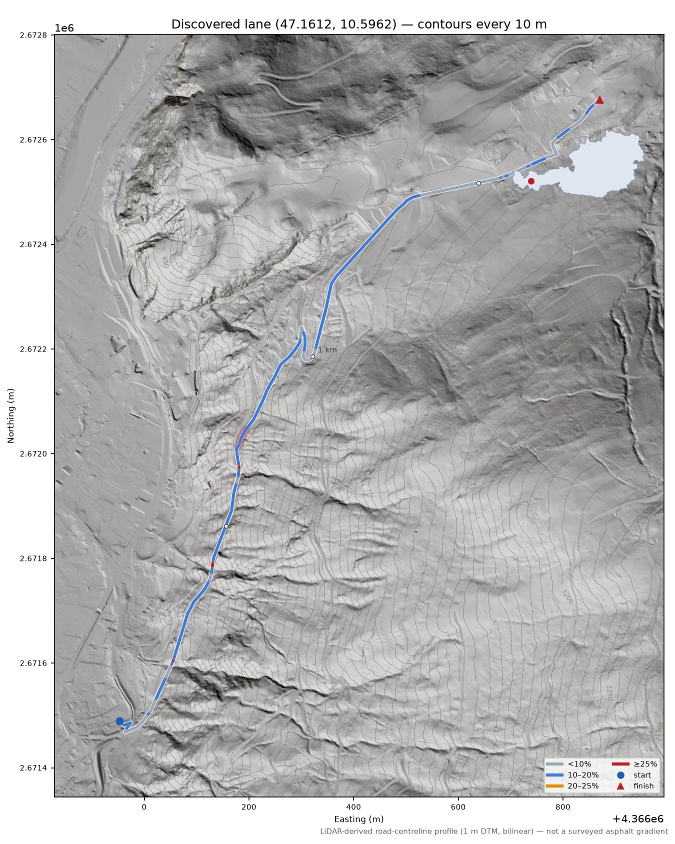 Discovered lane (47.1612, 10.5962) LiDAR hillshade map with contours