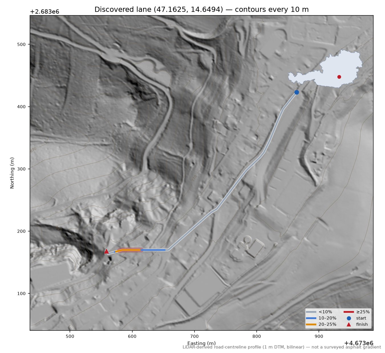Discovered lane (47.1625, 14.6494) LiDAR hillshade map with contours
