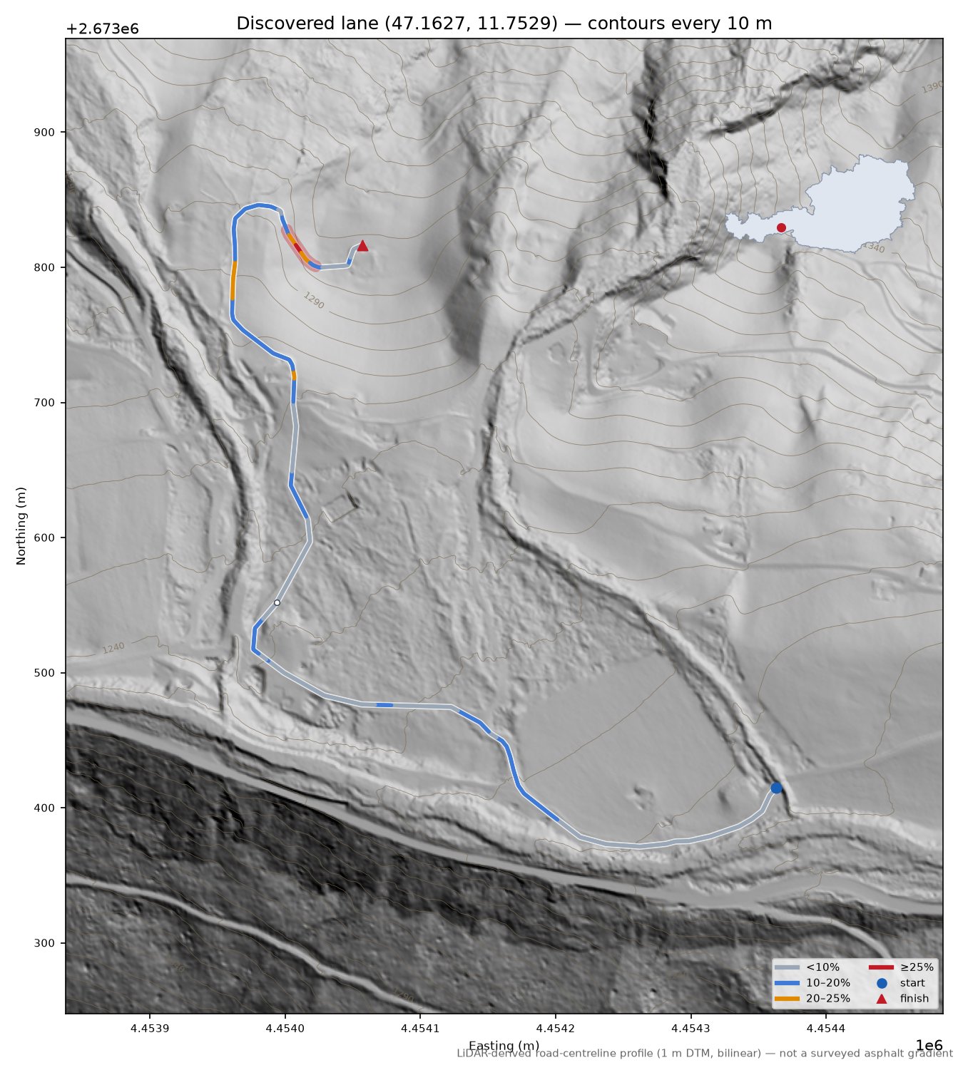 Discovered lane (47.1627, 11.7529) LiDAR hillshade map with contours