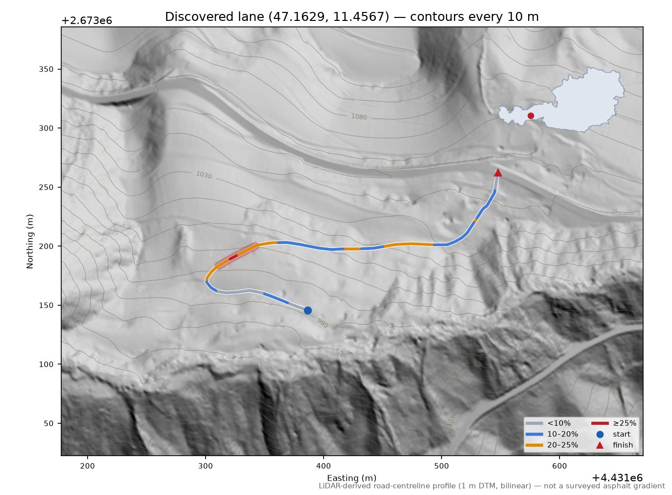 Discovered lane (47.1629, 11.4567) LiDAR hillshade map with contours
