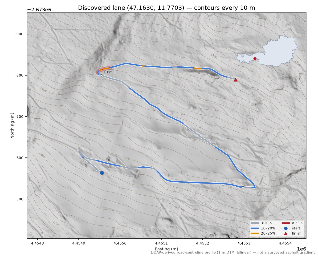 Discovered lane (47.1630, 11.7703) LiDAR hillshade map with contours