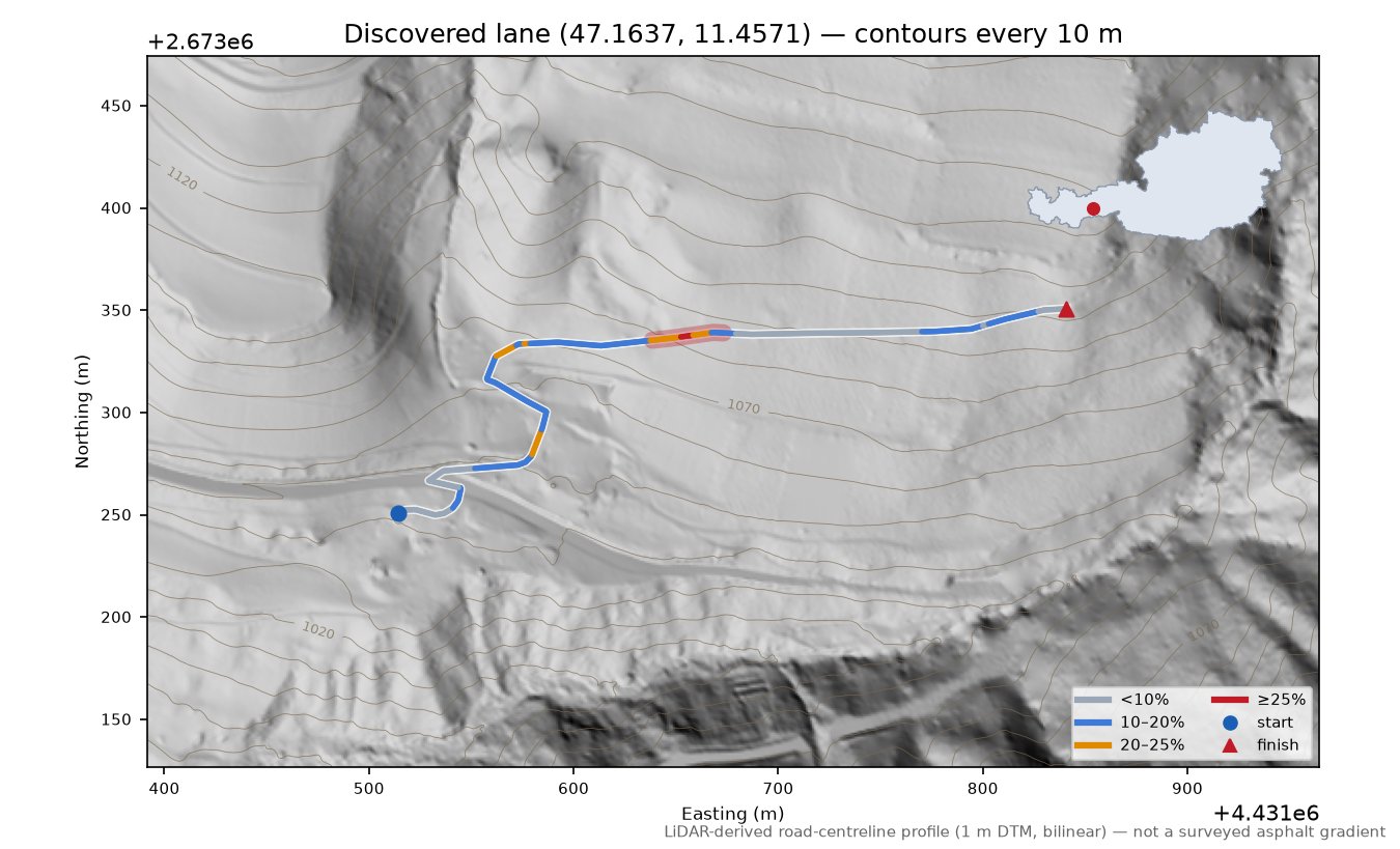 Discovered lane (47.1637, 11.4571) LiDAR hillshade map with contours