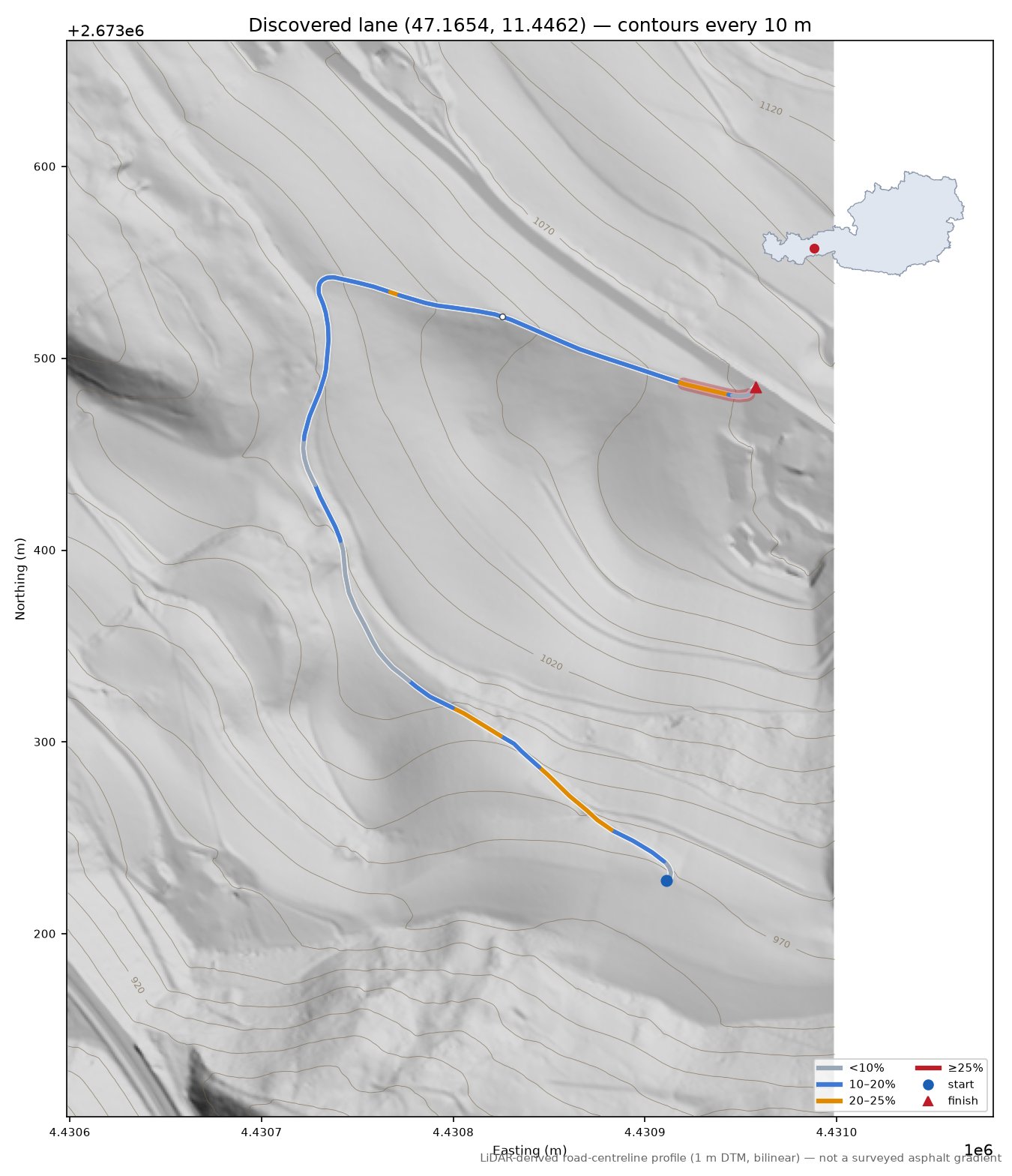 Discovered lane (47.1654, 11.4462) LiDAR hillshade map with contours