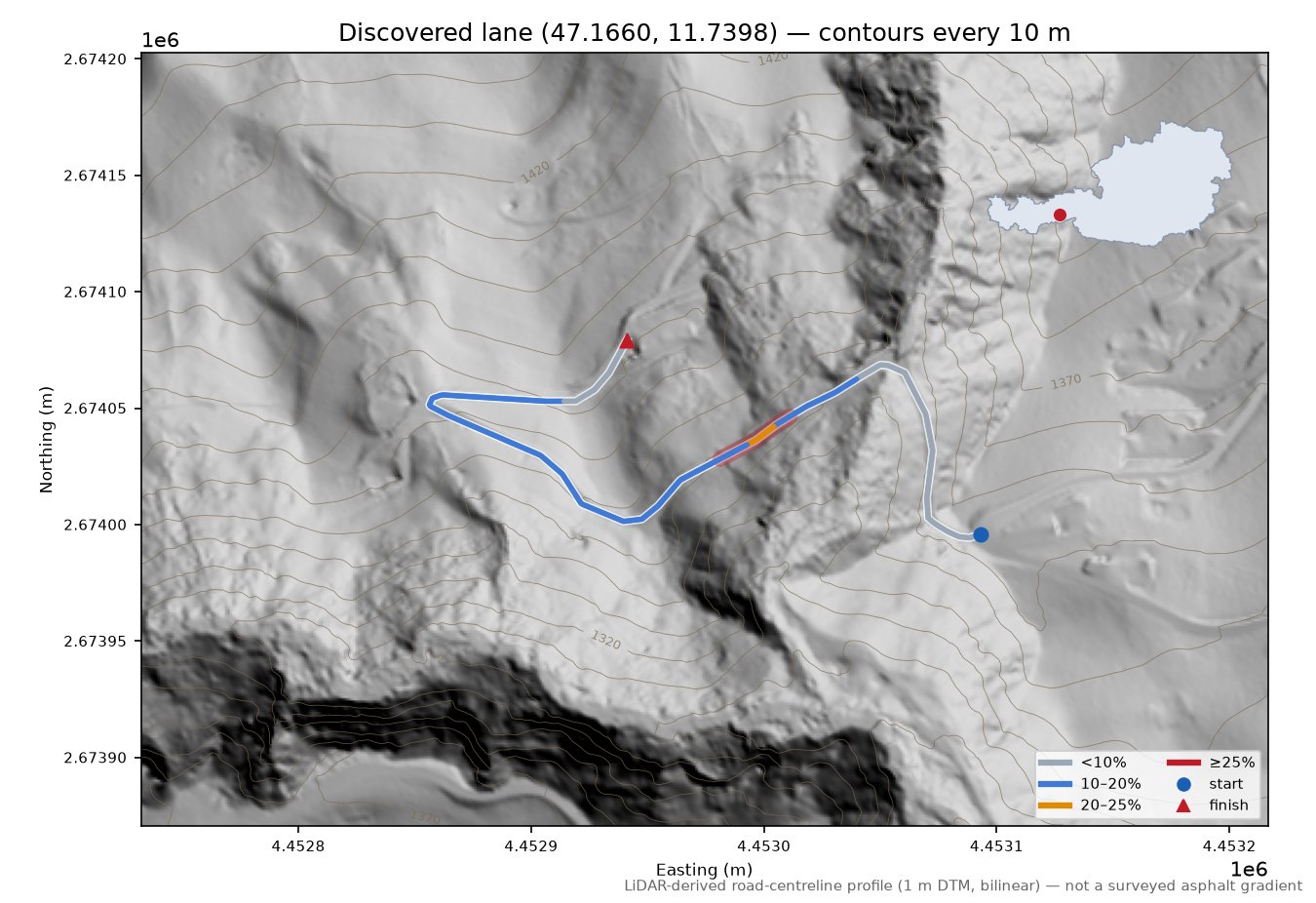 Discovered lane (47.1660, 11.7398) LiDAR hillshade map with contours