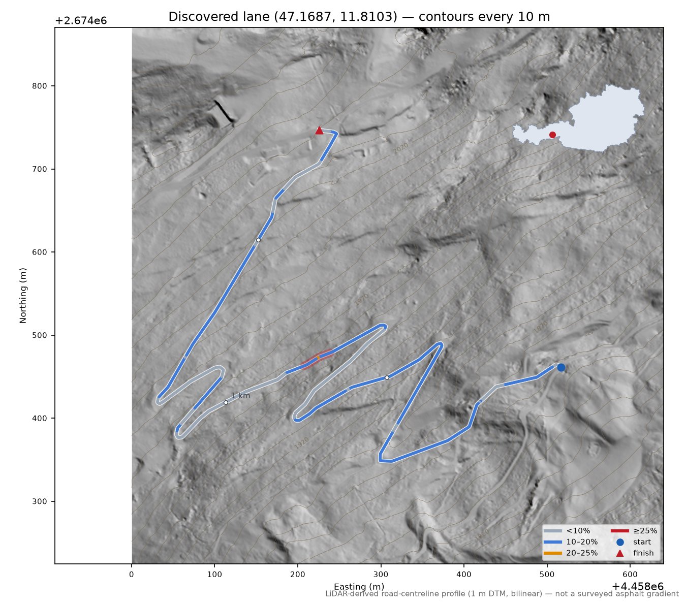 Discovered lane (47.1687, 11.8103) LiDAR hillshade map with contours