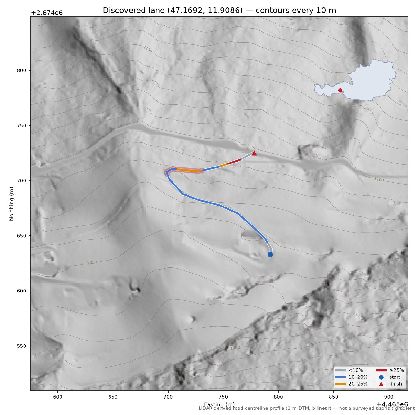 Discovered lane (47.1692, 11.9086) LiDAR hillshade map with contours
