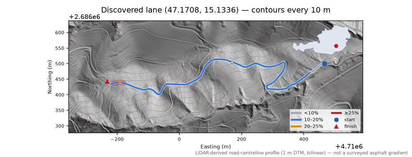 Discovered lane (47.1708, 15.1336) LiDAR hillshade map with contours