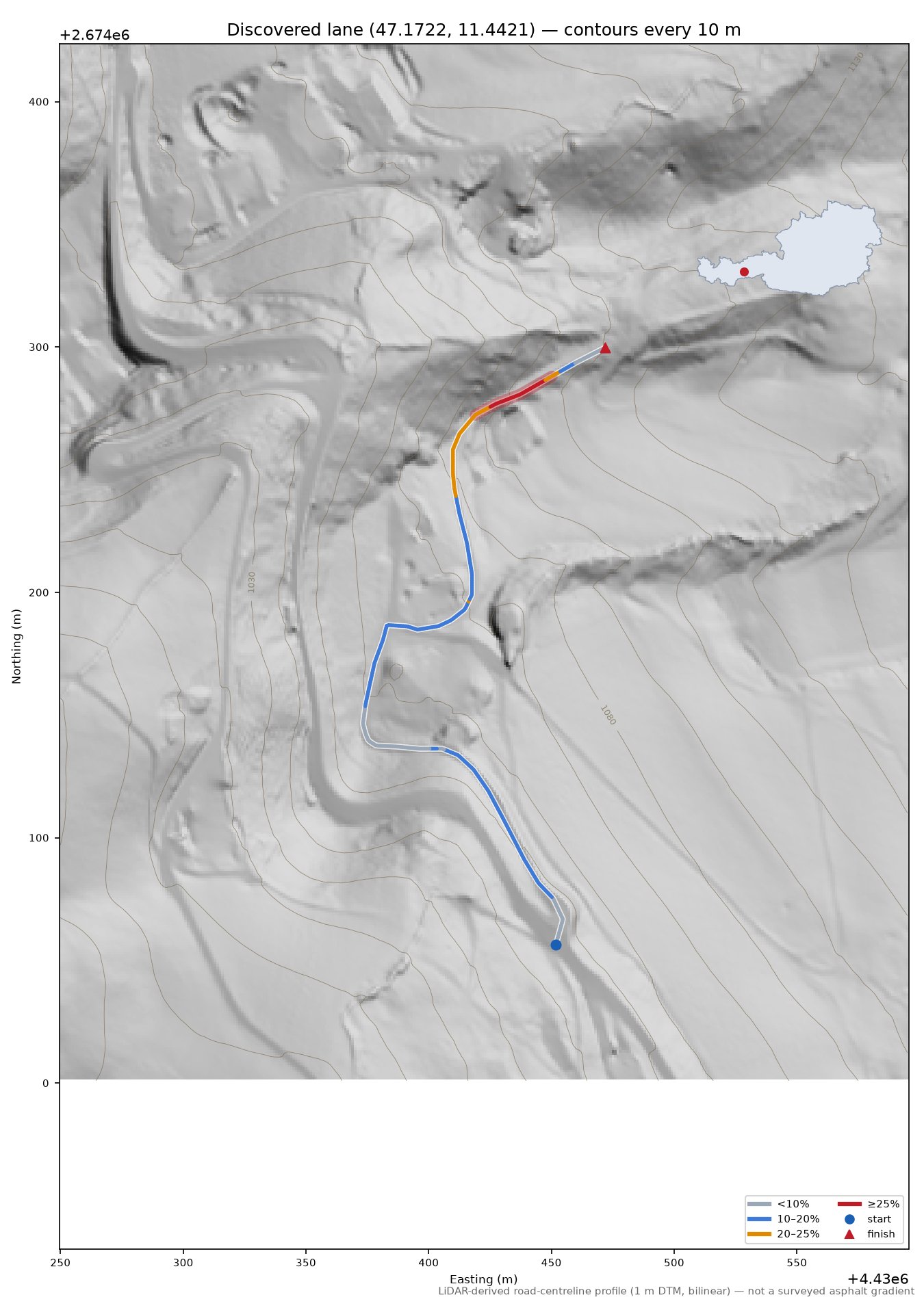 Discovered lane (47.1722, 11.4421) LiDAR hillshade map with contours