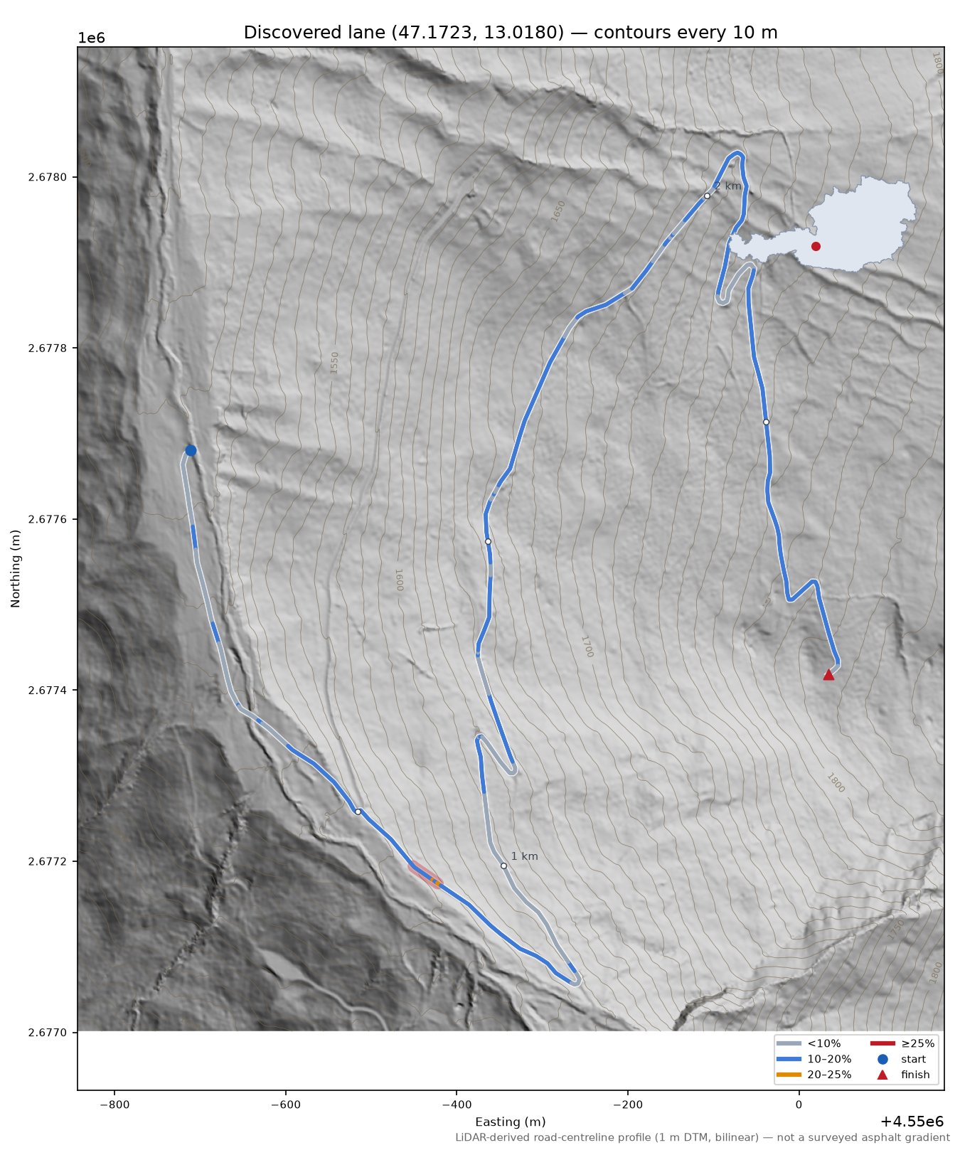 Discovered lane (47.1723, 13.0180) LiDAR hillshade map with contours