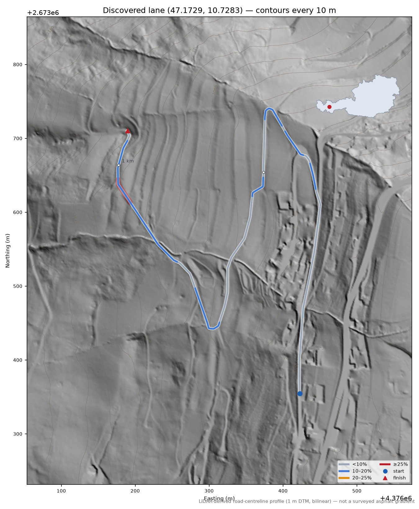 Discovered lane (47.1729, 10.7283) LiDAR hillshade map with contours