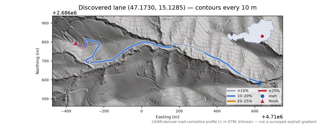 Discovered lane (47.1730, 15.1285) LiDAR hillshade map with contours