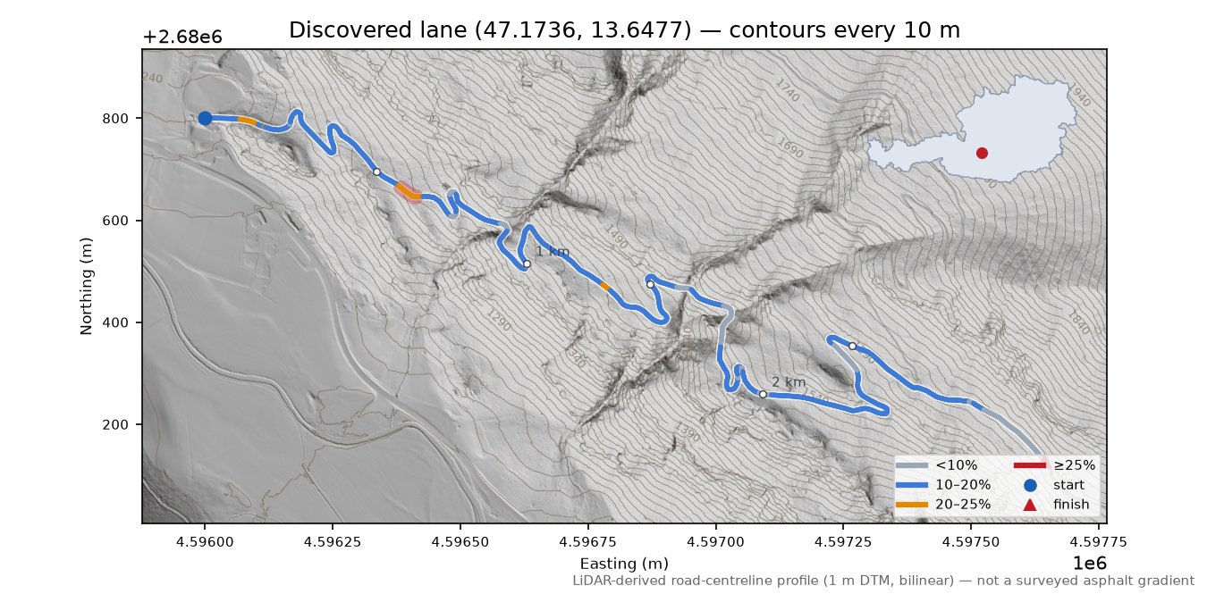 Discovered lane (47.1736, 13.6477) LiDAR hillshade map with contours