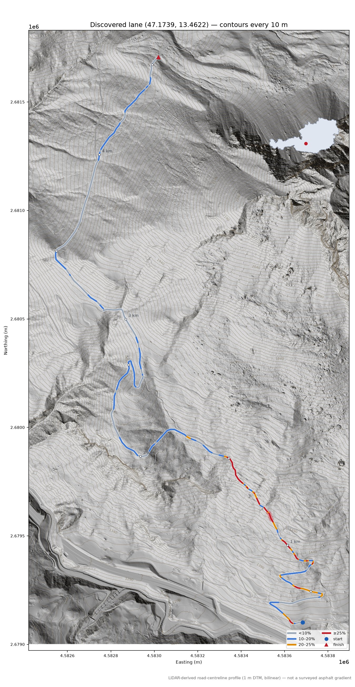 Discovered lane (47.1739, 13.4622) LiDAR hillshade map with contours