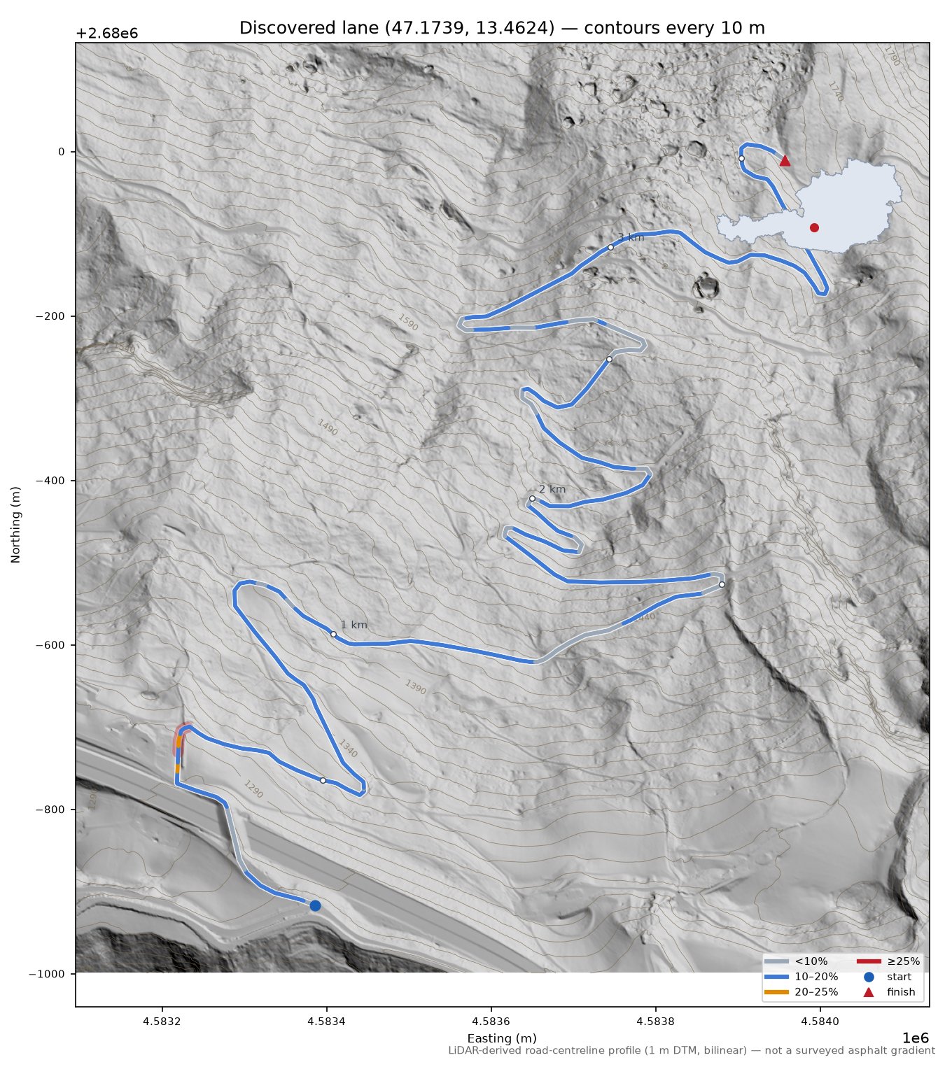 Discovered lane (47.1739, 13.4624) LiDAR hillshade map with contours