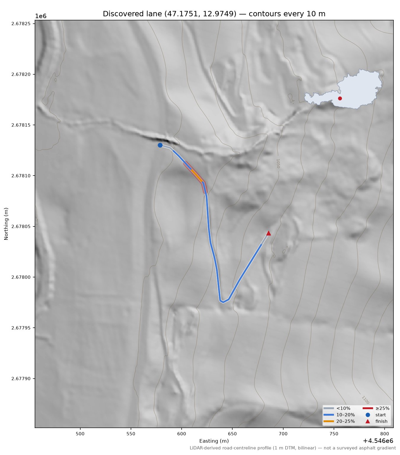 Discovered lane (47.1751, 12.9749) LiDAR hillshade map with contours
